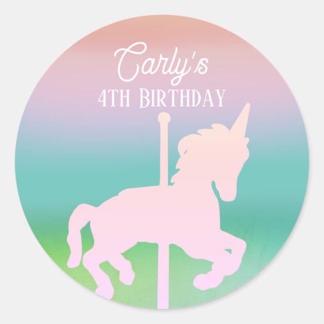 Rainbow Unicorn Carousel Birthday Runder Aufkleber (Vorderseite)