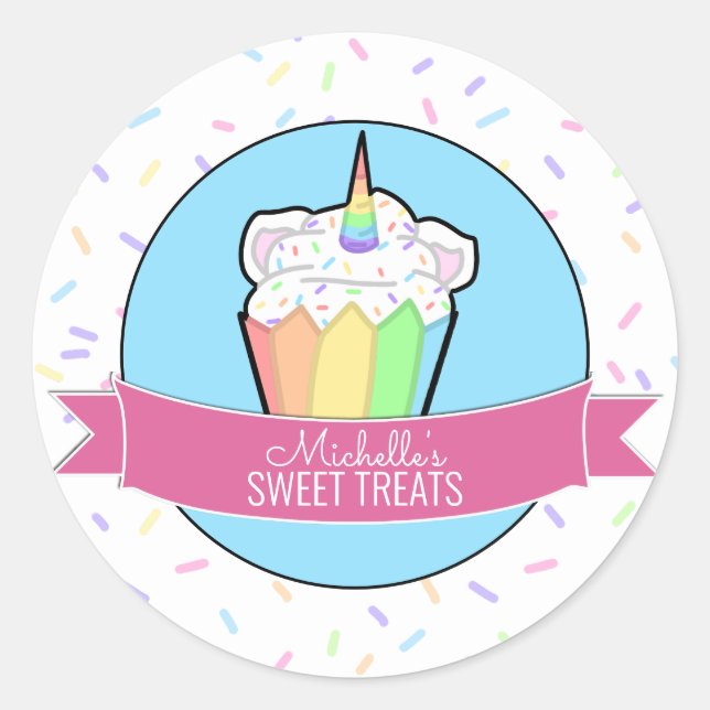 Rainbow Unicorn Cupcake Bakery Box Stickers (Vorderseite)