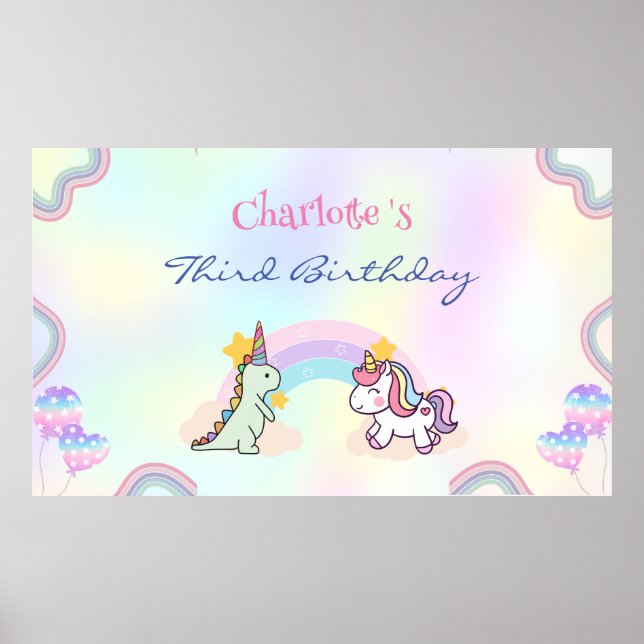 Rainbow Unicorn & Dinosaur Friends Birthday Party Poster (Vorne)