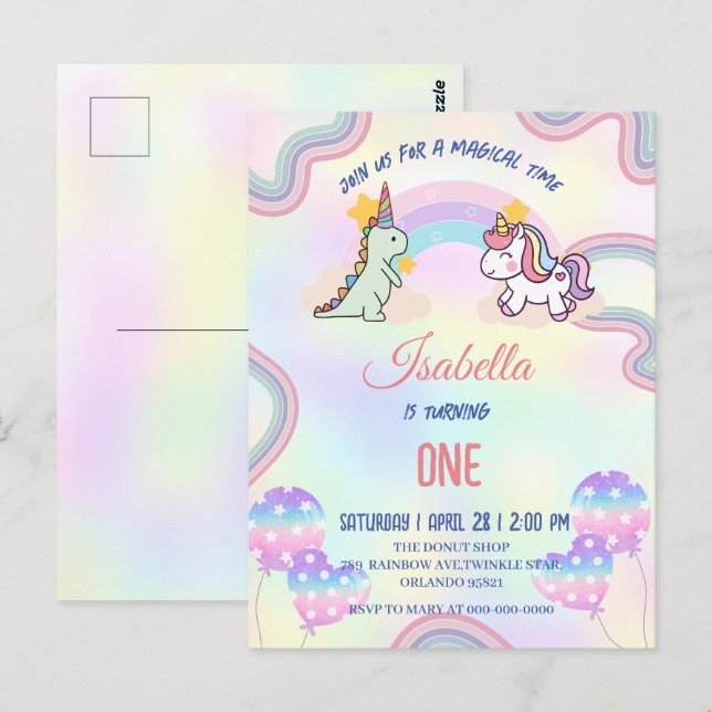 Rainbow Unicorn & Dinosaur Friends Birthday Party Postkarte (Vorne/Hinten)
