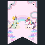 Rainbow Unicorn & Dinosaur Friends Birthday Party Wimpelkette<br><div class="desc">Rainbow Unicorn & Dinosaur Friends Birthday Party</div>