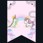 Rainbow Unicorn & Dinosaur Friends Birthday Party Wimpelkette<br><div class="desc">Rainbow Unicorn & Dinosaur Friends Birthday Party</div>