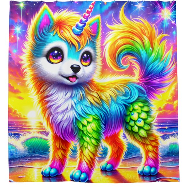 Rainbow Unicorn Dog Duschvorhang (Vorderseite)