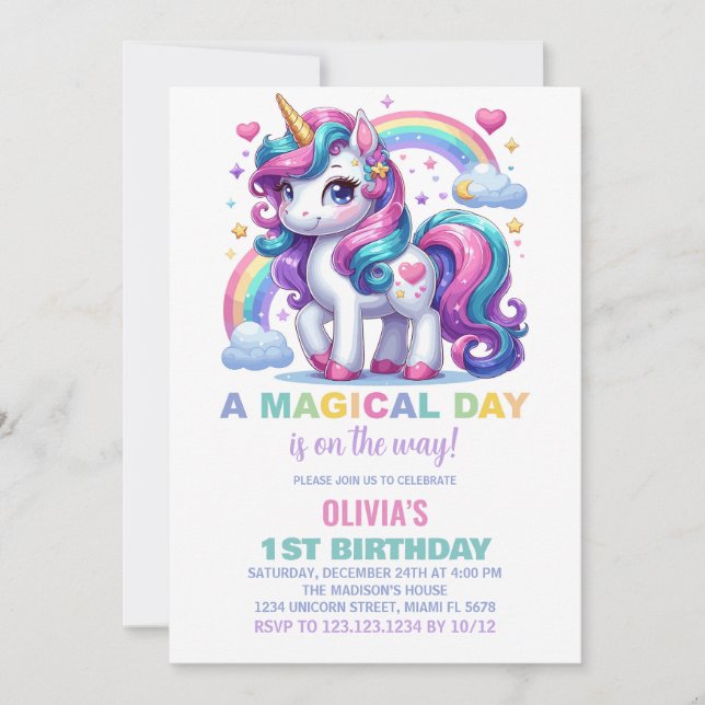 Rainbow Unicorn Einladung zum Geburtstag (Vorderseite)