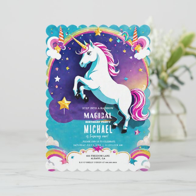 Rainbow Unicorn Einladung zum Geburtstag - Magisch (Stehend Vorderseite)