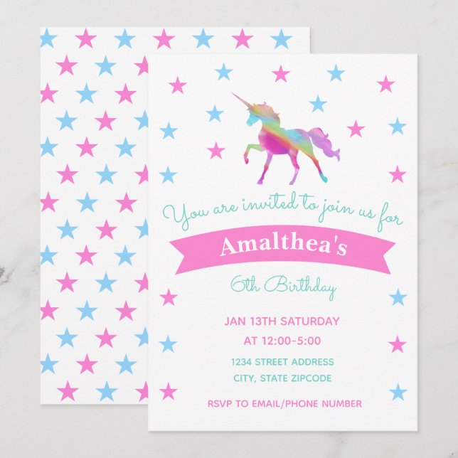 Rainbow Unicorn Et Étoiles Anniversaire Invitation (Devant / Derrière)