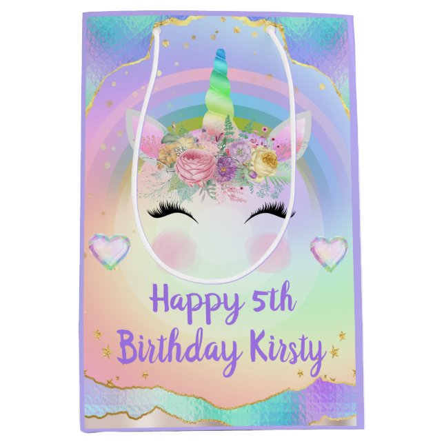 Rainbow Unicorn Face Happy Birthday Mittlere Geschenktüte (Vorderseite)