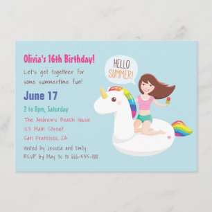 Rainbow Unicorn Float Summer Birthday Party Einladung