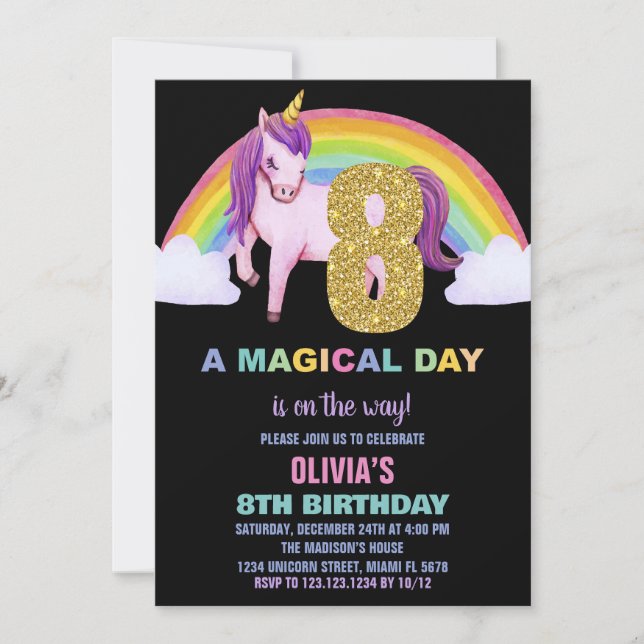 Rainbow Unicorn Geburtstag Einladungen Glitzer (Vorderseite)