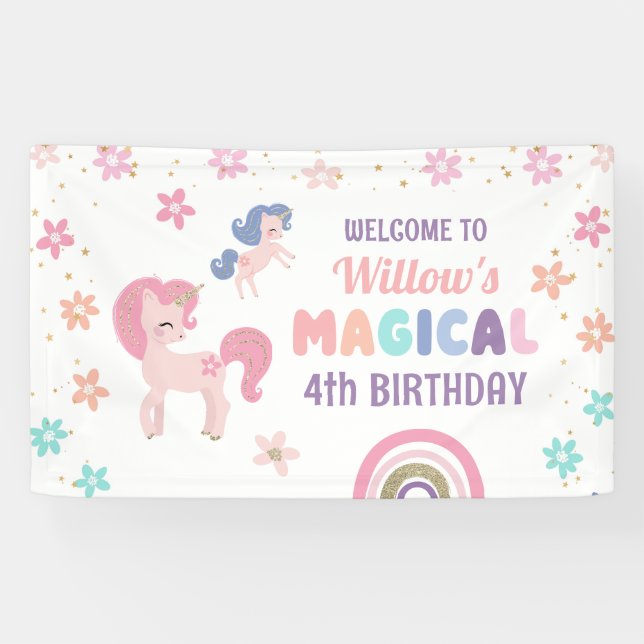 Rainbow Unicorn Girl Birthday Party Vinyl Banner (Horizontal)