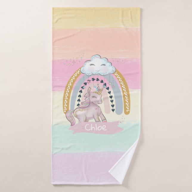 🦄 Rainbow Unicorn Girl Individuelle Name Badehandtuch (Badehandtuch)