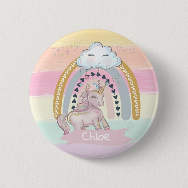 🦄 Rainbow Unicorn Girl Individuelle Name Button (Vorderseite)