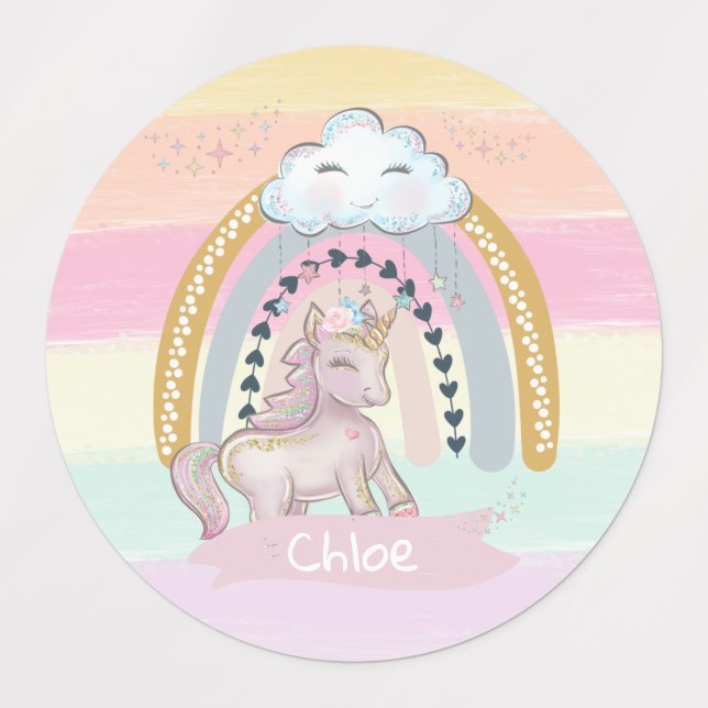 🦄 Rainbow Unicorn Girl Individuelle Name Etiketten (Design 1)
