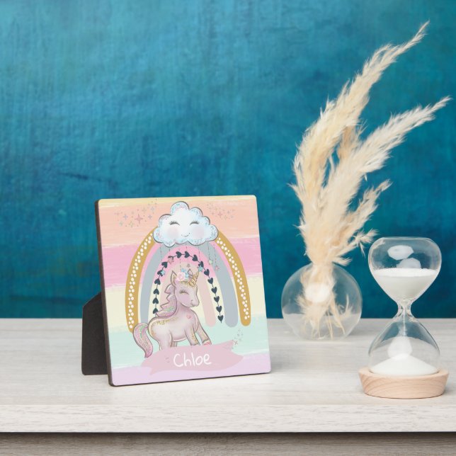 🦄 Rainbow Unicorn Girl Individuelle Name Fotoplatte (InSitu)