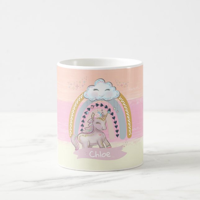 🦄 Rainbow Unicorn Girl Individuelle Name Kaffeetasse (Mittel)