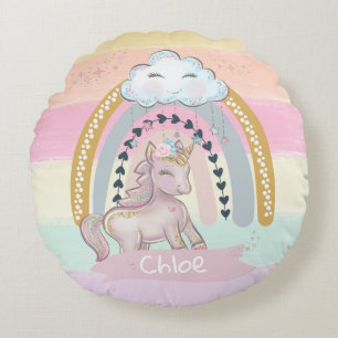 🦄 Rainbow Unicorn Girl Individuelle Name    Rundes Kissen