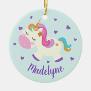 Rainbow Unicorn Glitzer Weihnachts Aqua Keramik Ornament
