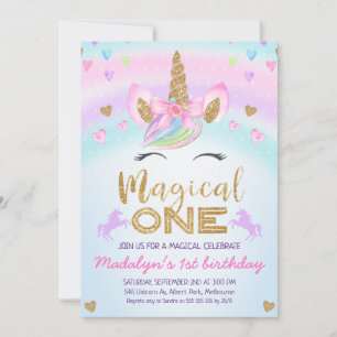 Rainbow Unicorn Gold Glitzer 1. Geburtstag Einladung