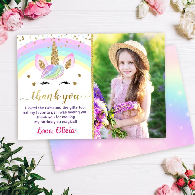 Rainbow Unicorn Gold Glitzer Girl Birthday Foto Dankeskarte (Von Creator hochgeladen)