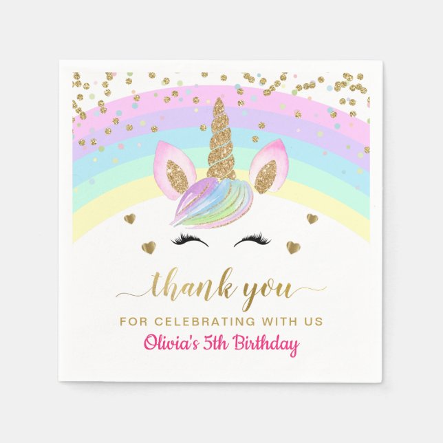 Rainbow Unicorn Gold Glitzer Girl Birthday Paper Serviette (Vorderseite)