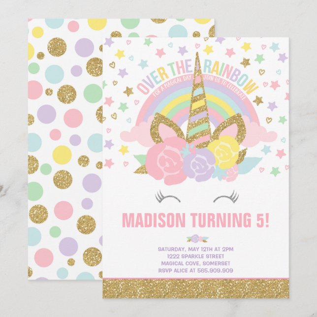 Rainbow Unicorn Invitation Anniversaire Pink Gold (Devant / Derrière)