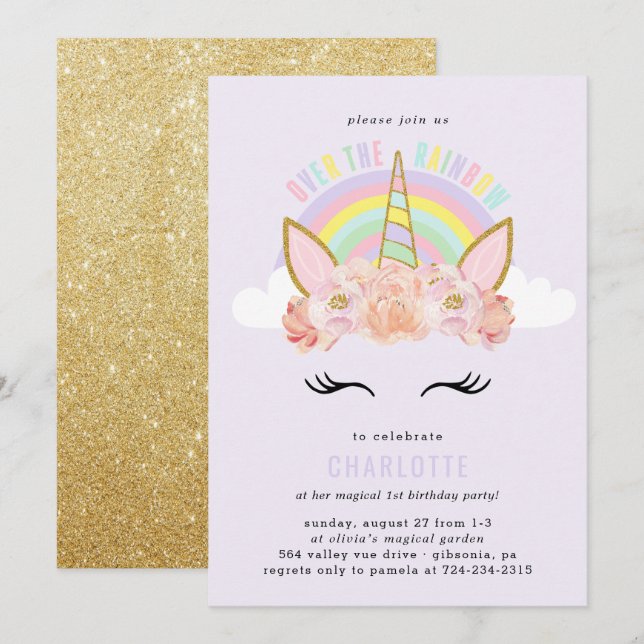 Rainbow Unicorn Invitation Anniversaire Pink Gold (Devant / Derrière)