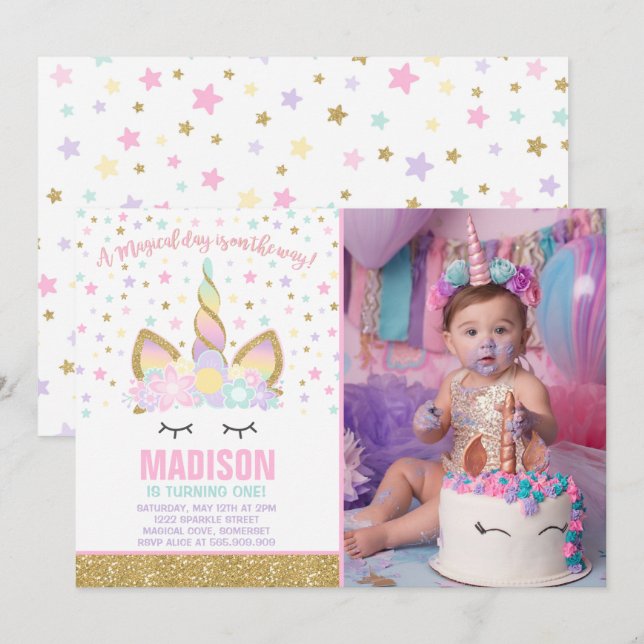 Rainbow Unicorn Invitation Anniversaire Pink Gold (Devant / Derrière)