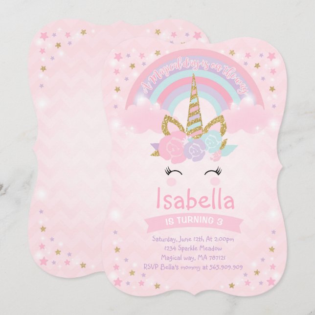 Rainbow Unicorn Invitation Anniversaire Pink Gold (Devant / Derrière)