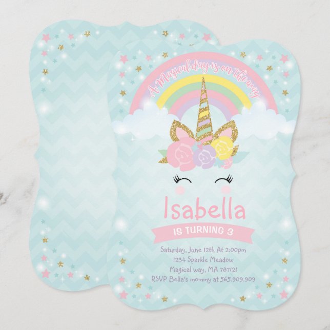 Rainbow Unicorn Invitation Anniversaire Pink Gold (Devant / Derrière)