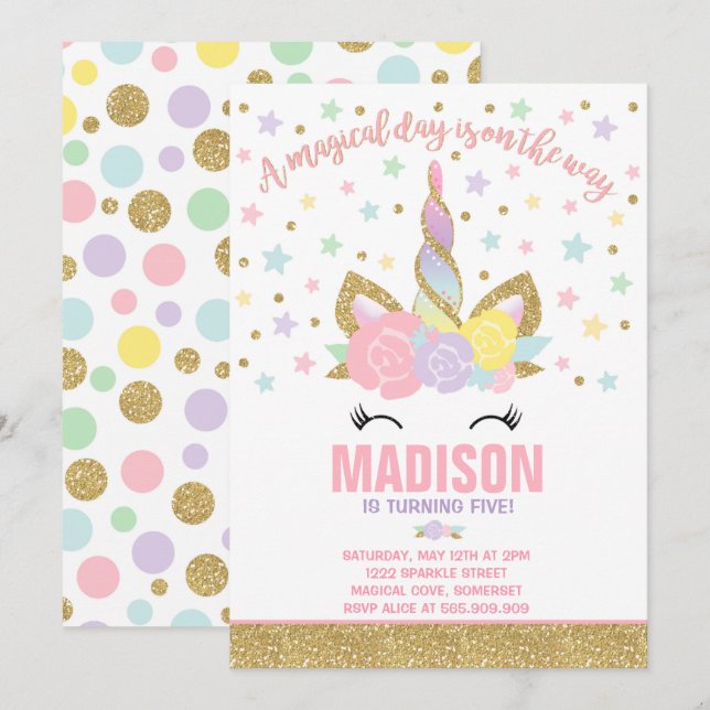 Rainbow Unicorn Invitation Anniversaire Pink Gold (Devant / Derrière)