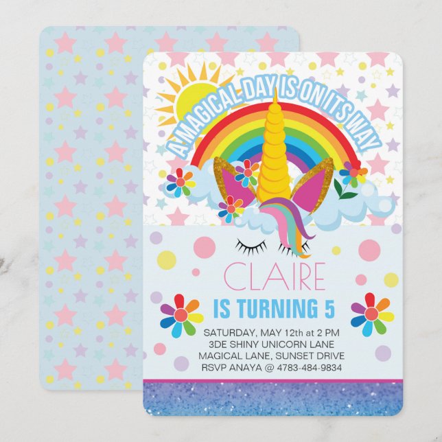 Rainbow Unicorn invitation d'anniversaire (Devant / Derrière)