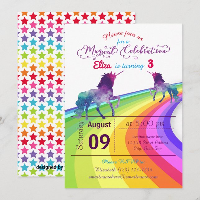 Rainbow Unicorn - Invitation d'anniversaire (Devant / Derrière)