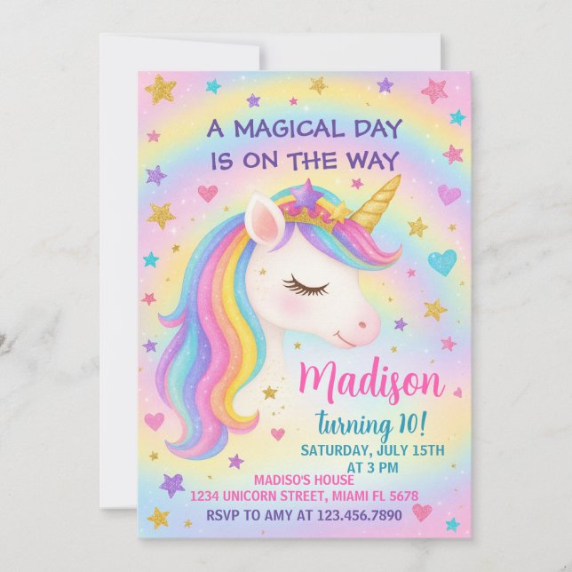 Rainbow Unicorn Invitation d'anniversaire (Devant)