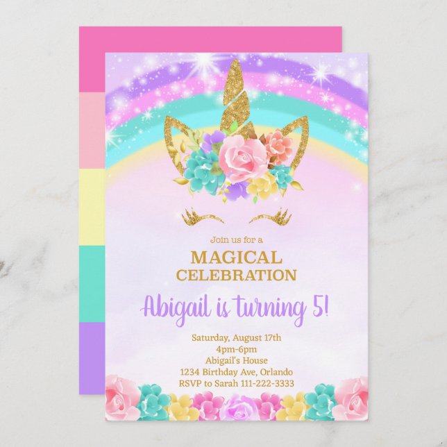 Rainbow Unicorn Invitation d'anniversaire (Devant / Derrière)