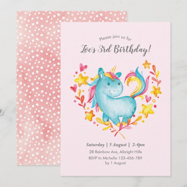 Rainbow Unicorn Invitation d'anniversaire pour enf (Devant / Derrière)