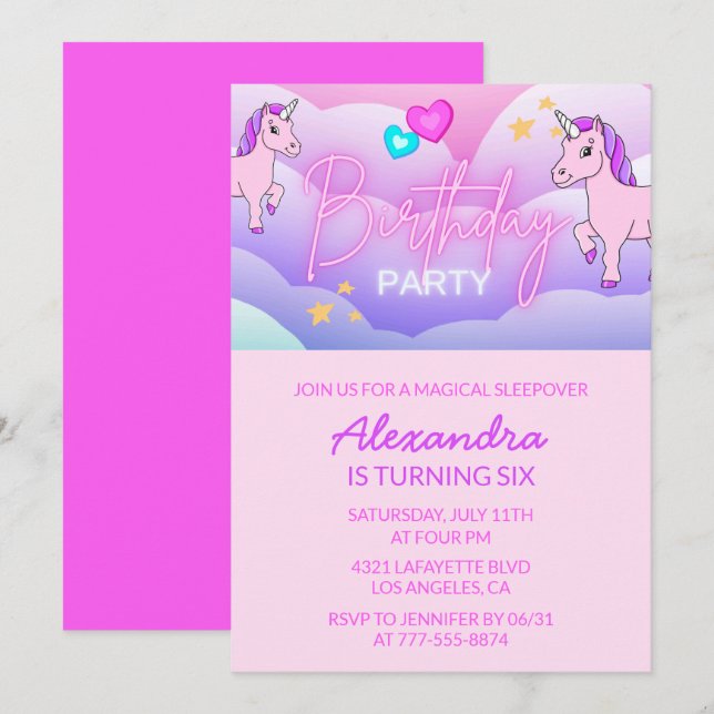 Rainbow Unicorn Invitations Anniversaire 6e Fille (Devant / Derrière)