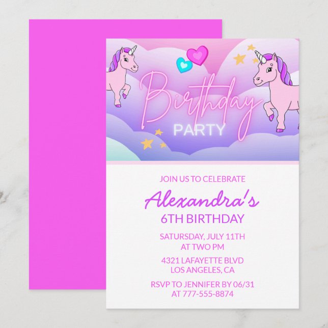 Rainbow Unicorn Invitations Anniversaire 6e Rose (Devant / Derrière)