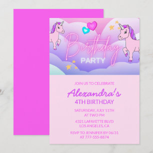 Rainbow Unicorn Invitations d'anniversaire 4th Gir