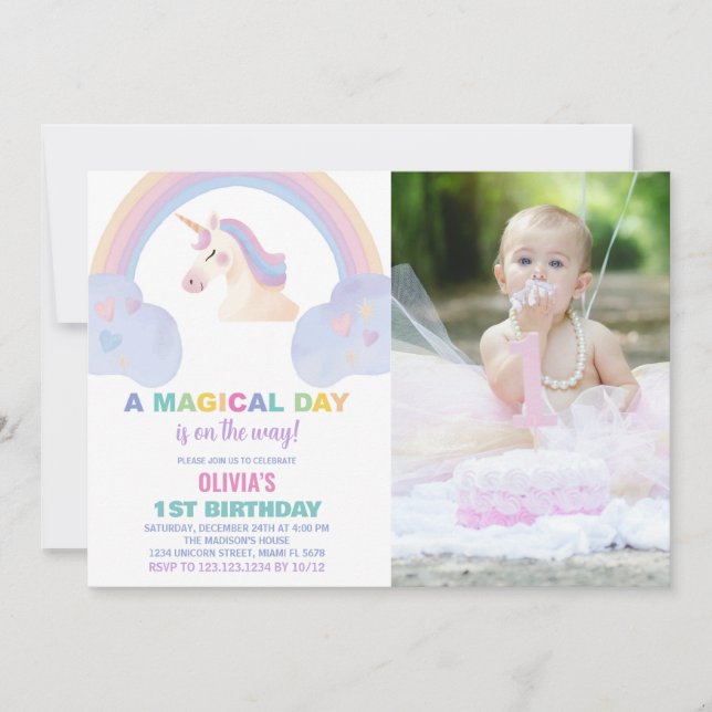 Rainbow Unicorn Invitations d'anniversaire avec ph (Devant)