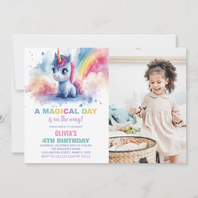 Rainbow Unicorn Invitations d'anniversaire avec ph (Devant)