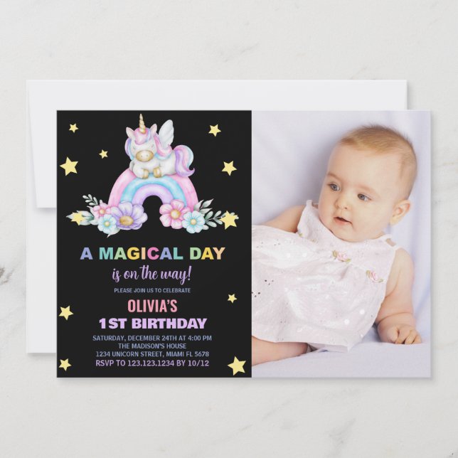 Rainbow Unicorn Invitations d'anniversaire avec ph (Devant)