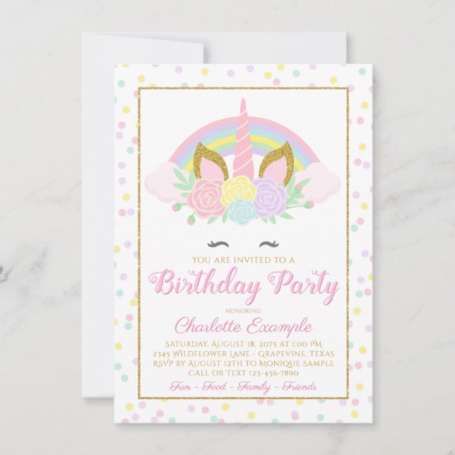 Rainbow Unicorn Invitations de fête d'anniversaire (Devant)