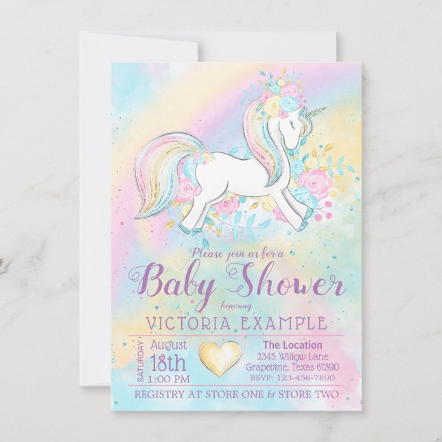 Rainbow Unicorn Kinderdusche Einladungen (Vorderseite)