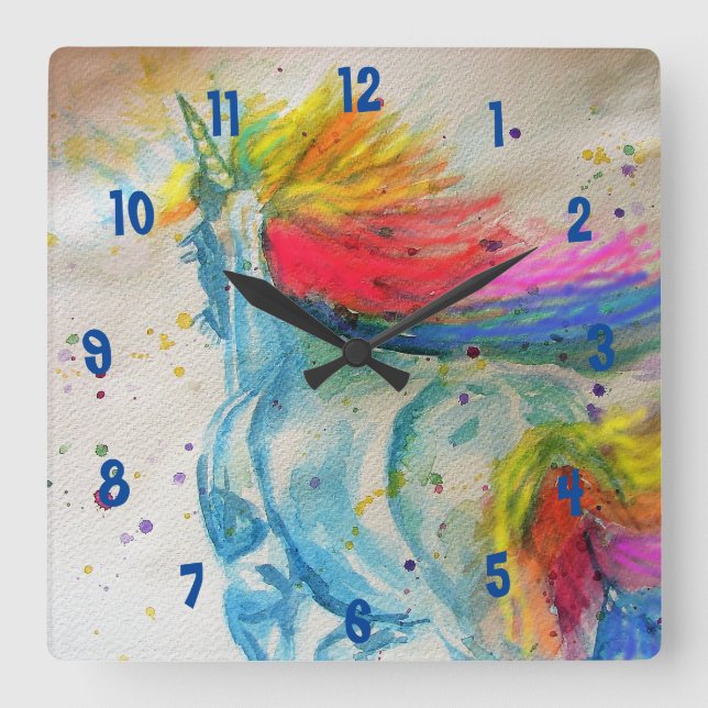 Rainbow Unicorn Kinderzimmer Clock Quadratische Wanduhr (Vorderseite)