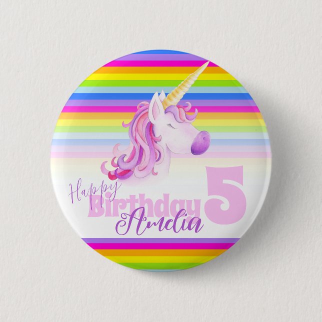 Rainbow Unicorn Kopf Wasserfarbe Kunst Alter 5 Tas Button (Vorderseite)