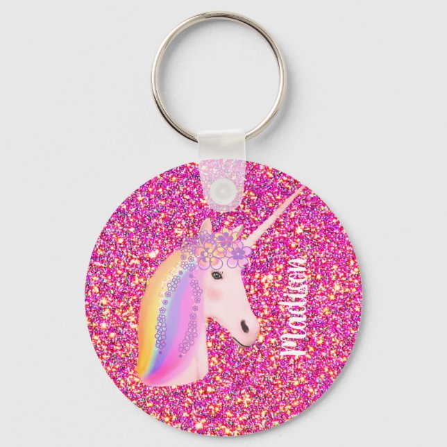 Rainbow Unicorn Magischer Rosa Glitzer Personalisi Schlüsselanhänger (Vorderseite)
