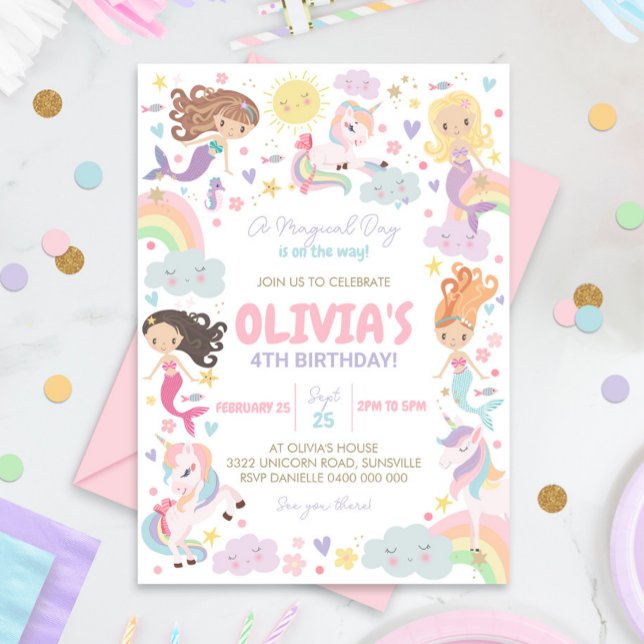 Rainbow Unicorn Mermaid Birthday Einladung (Rainbow Mermaid Unicorn Invitation)