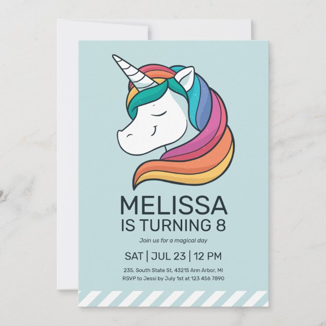 Rainbow Unicorn Mint Green Girl Birthday Einladung (Vorderseite)