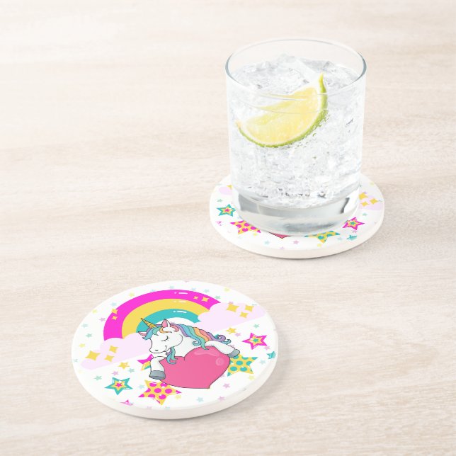 Rainbow Unicorn mit Sternen Getränkeuntersetzer (Seite)