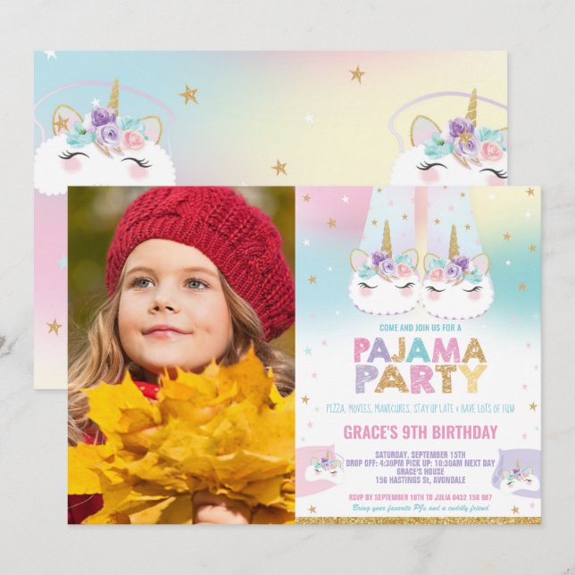 Rainbow Unicorn Pajama Birthday Party Foto Einladung (Vorne/Hinten)